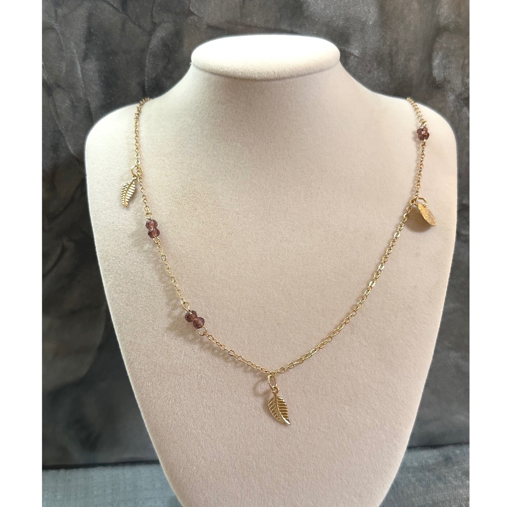 Gold Tone Leaf Charm Necklace Purple Beads Nature Inspired Jewelry 22 Inch